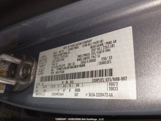 1FMCU9J91NUB31808 Ford Escape Titanium