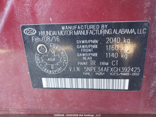 Aukcja sprzedaży 2016 Hyundai Sonata, vin: 5NPE34AFXGH392425, numer aukcji: 12555349