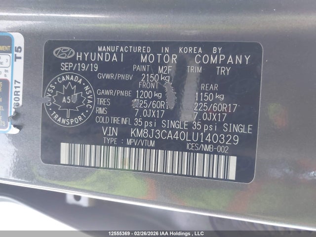 12555369 :رقم المزاد ، KM8J3CA40LU140329 vin ، 2020 Hyundai Tucson Limited/sel/sport/ultimate/value مزاد بيع