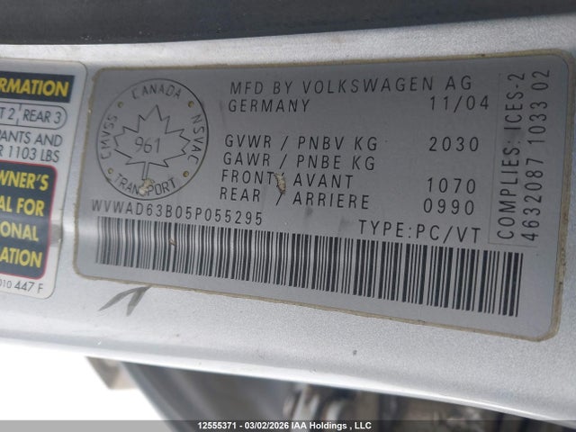12555371 :رقم المزاد ، WVWAD63B05P055295 vin ، 2005 Volkswagen Passat Gls مزاد بيع