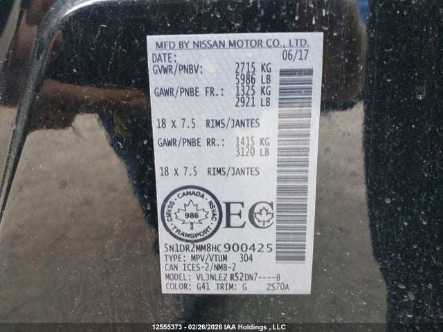 5N1DR2MM8HC900425 Nissan Pathfinder Platinum/s/sl/sv