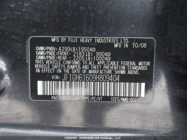 Продажа на аукционе авто 2009 Subaru Impreza 2.5 I, vin: JF1GH61609H809404, номер лота: 12555393