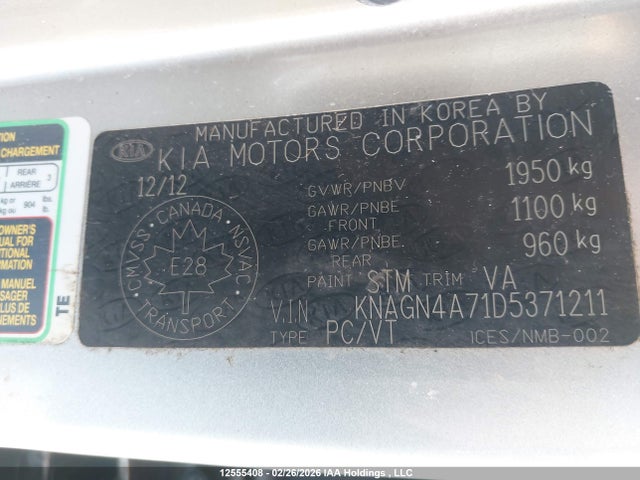 12555408 :رقم المزاد ، KNAGN4A71D5371211 vin ، 2013 Kia Optima Ex مزاد بيع