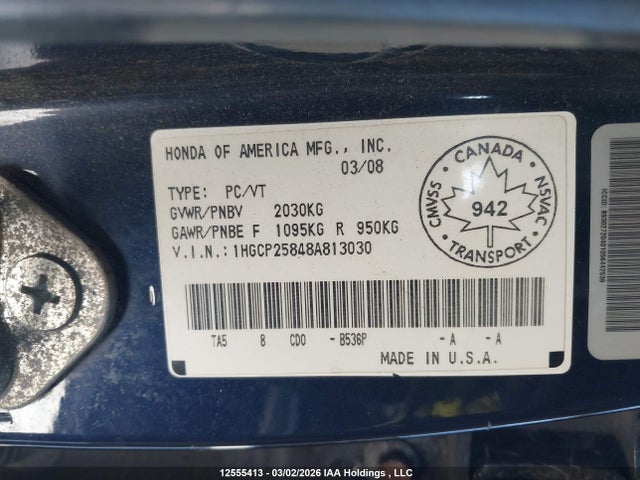Aukcja sprzedaży 2008 Honda Accord, vin: 1HGCP25848A813030, numer aukcji: 12555413