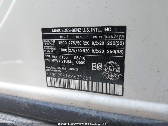 12555414 :رقم المزاد ، 4JGBF2FE1AA622264 vin ، 2010 Mercedes-benz Gl-class مزاد بيع