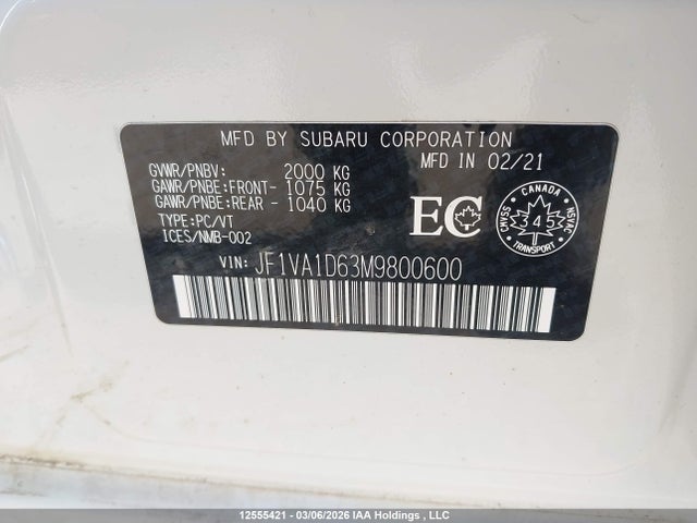 Aukcja sprzedaży 2021 Subaru Wrx Premium, vin: JF1VA1D63M9800600, numer aukcji: 12555421
