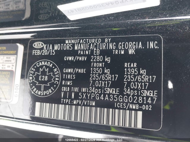 5XYPG4A35GG028147 KIA Sorento 2.4l Lx