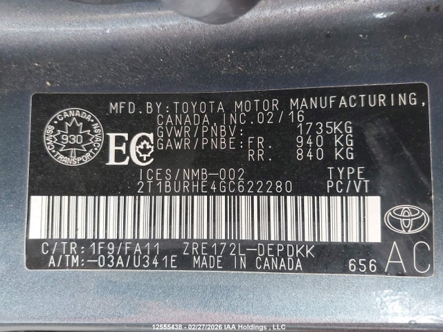 Aukcja sprzedaży 2016 Toyota Corolla Ce, vin: 2T1BURHE4GC622280, numer aukcji: 12555438