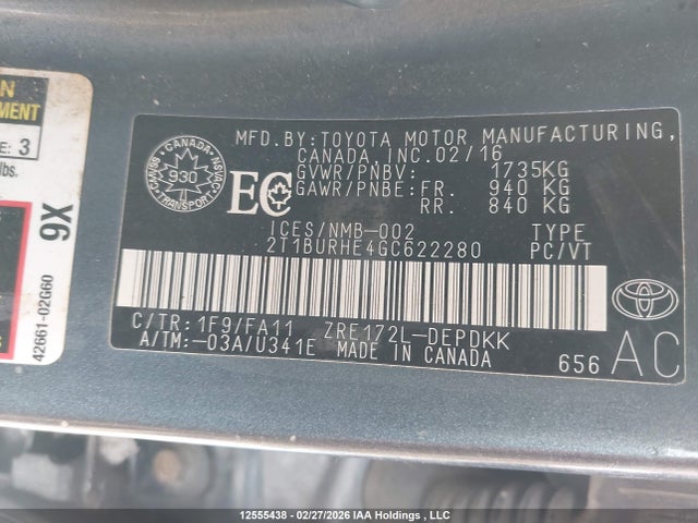 Aukcja sprzedaży 2016 Toyota Corolla Ce, vin: 2T1BURHE4GC622280, numer aukcji: 12555438