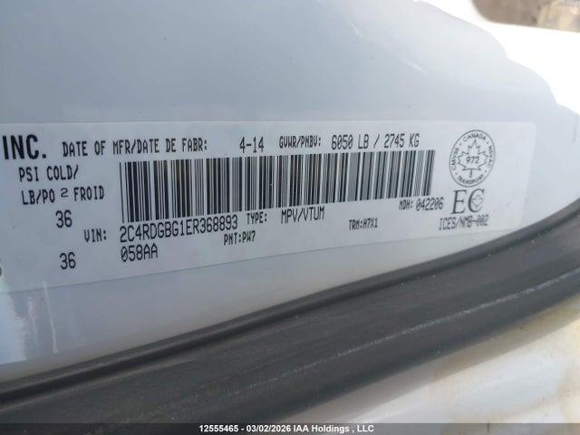 2014 Dodge Grand Caravan Se მანქანა იყიდება აუქციონზე, vin: 2C4RDGBG1ER368893, აუქციონის ნომერი: 12555465
