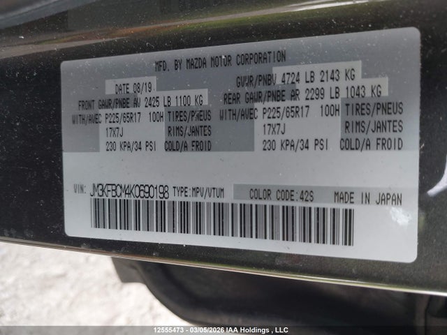 12555473 :رقم المزاد ، JM3KFBCM4K0690198 vin ، 2019 Mazda Cx-5 Touring مزاد بيع