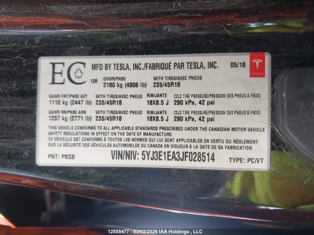 Aukcja sprzedaży 2018 Tesla Model 3, vin: 5YJ3E1EA3JF028514, numer aukcji: 12555477