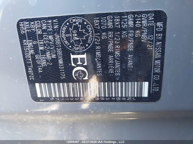 12555497 :رقم المزاد ، JN8BT3BBXNW331175 vin ، 2022 Nissan Rogue Sv مزاد بيع
