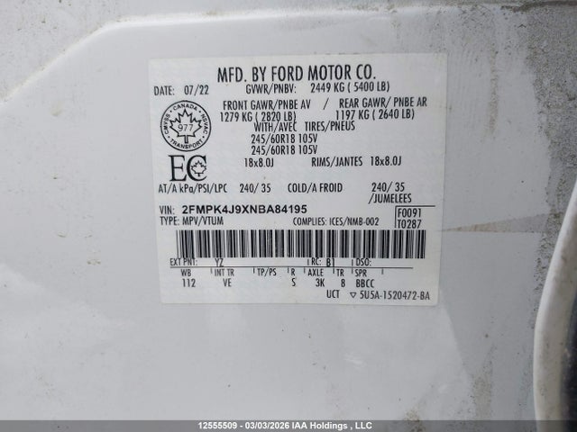 2FMPK4J9XNBA84195 Ford EDGE SEL