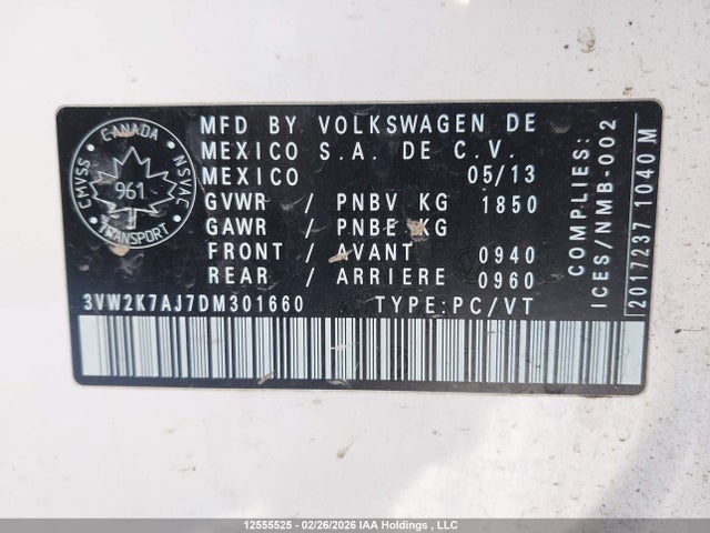 12555525 :رقم المزاد ، 3VW2K7AJ7DM301660 vin ، 2013 Volkswagen Jetta S مزاد بيع