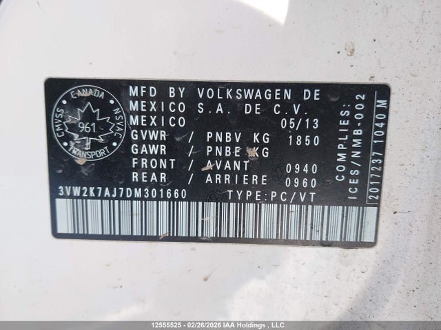 12555525 :رقم المزاد ، 3VW2K7AJ7DM301660 vin ، 2013 Volkswagen Jetta S مزاد بيع