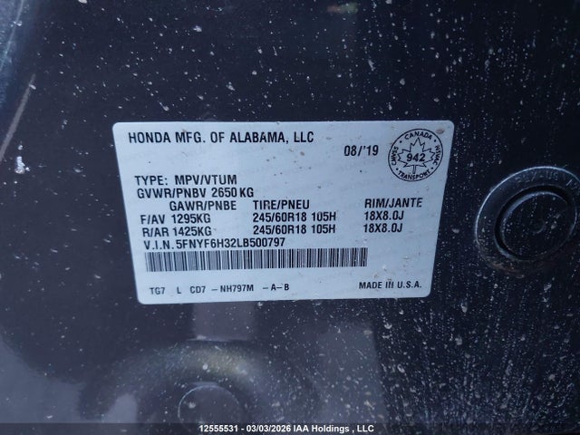 5FNYF6H32LB500797 Honda Pilot Ex