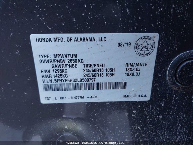 5FNYF6H32LB500797 Honda Pilot Ex