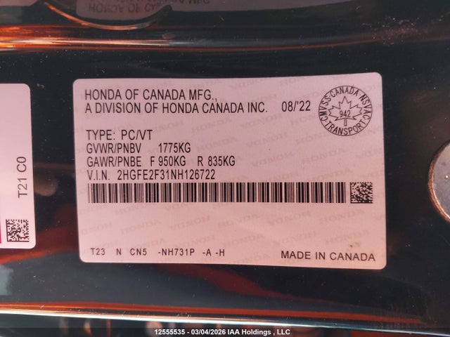 Aukcja sprzedaży 2022 Honda Civic, vin: 2HGFE2F31NH126722, numer aukcji: 12555535