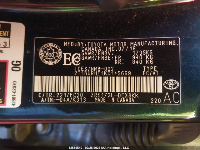 2T1BURHE1KC145669 Toyota COROLLA SE