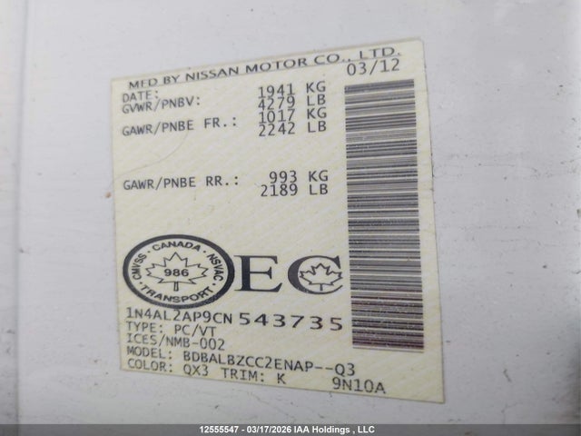 Продажа на аукционе авто 2012 Nissan Altima 2.5 S, vin: 1N4AL2AP9CN543735, номер лота: 12555547