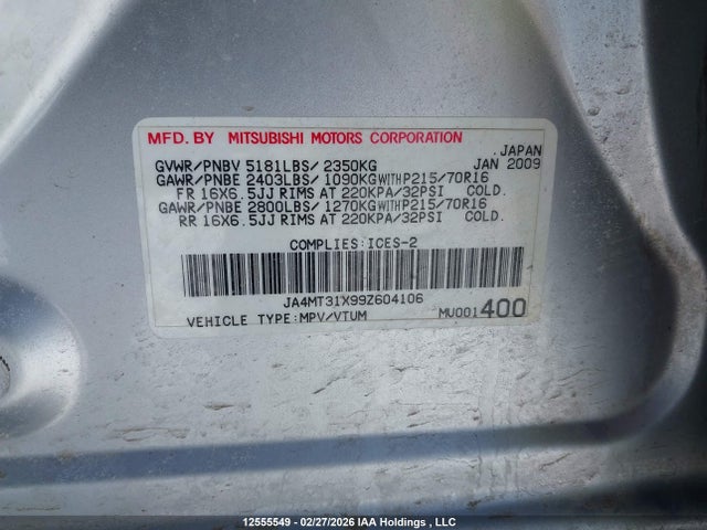 Aukcja sprzedaży 2009 Mitsubishi Outlander Ls/xls, vin: JA4MT31X99Z604106, numer aukcji: 12555549