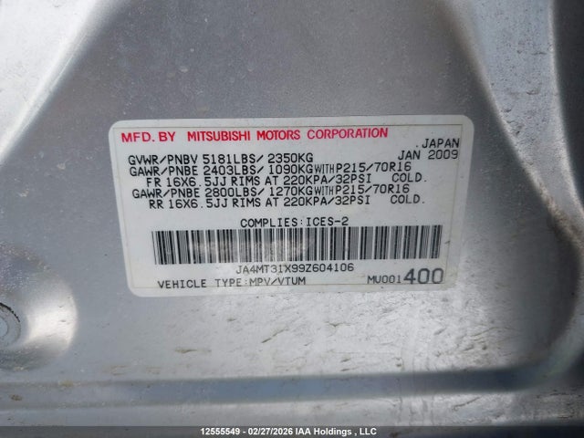 Aukcja sprzedaży 2009 Mitsubishi Outlander Ls/xls, vin: JA4MT31X99Z604106, numer aukcji: 12555549
