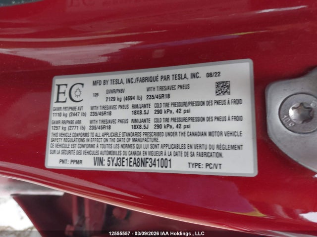 5YJ3E1EA8NF341001 Tesla Model 3 Rwd/standard Range