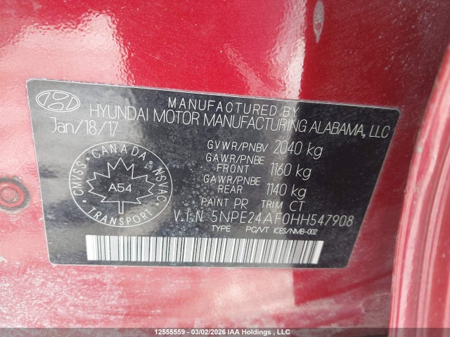 5NPE24AF0HH547908 Hyundai SONATA SE