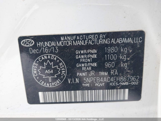12555565 :رقم المزاد ، 5NPEB4AC4EH867962 vin ، 2014 Hyundai Sonata Gls مزاد بيع