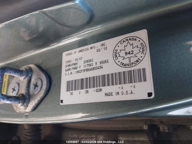 2010 Honda Accord Ex-l V6 მანქანა იყიდება აუქციონზე, vin: 1HGCP3F8XAA800454, აუქციონის ნომერი: 12555567