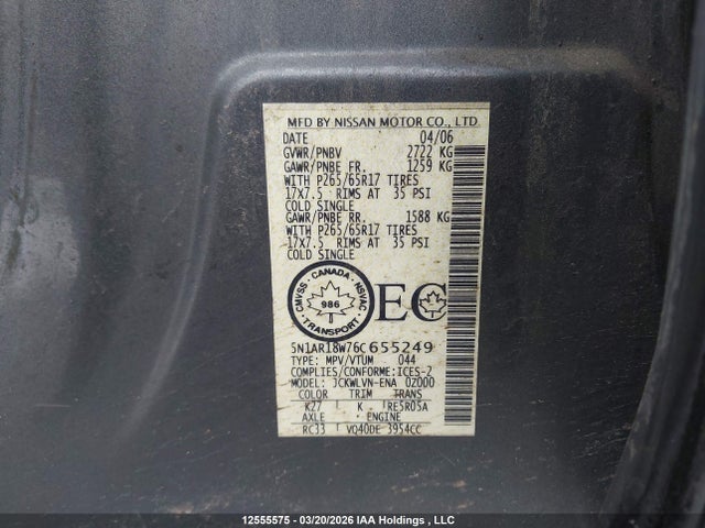 Aukcja sprzedaży 2006 Nissan Pathfinder S, vin: 5N1AR18W76C655249, numer aukcji: 12555575