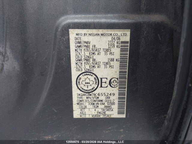 Aukcja sprzedaży 2006 Nissan Pathfinder S, vin: 5N1AR18W76C655249, numer aukcji: 12555575