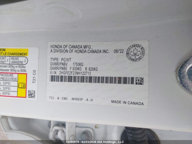 Продаж на аукціоні авто 2022 Honda Civic, vin: 2HGFE2F23NH122713, номер лоту: 12555579