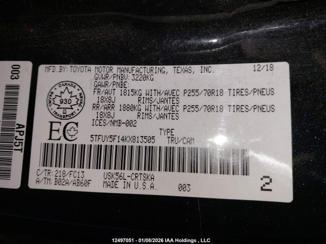 5TFUY5F14KX813505 Toyota Tundra Sr5 Plus 5.7l V8