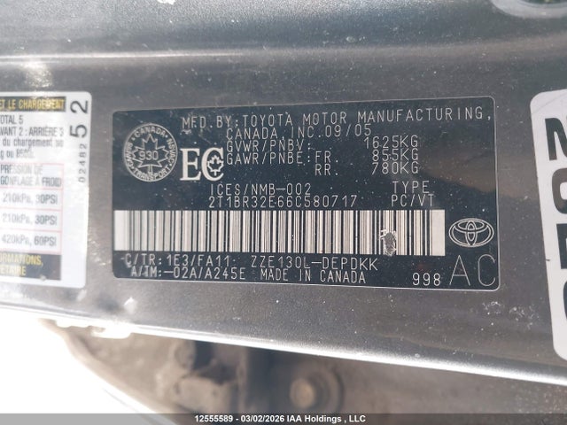 12555589 :رقم المزاد ، 2T1BR32E66C580717 vin ، 2006 Toyota Corolla Ce/le/s مزاد بيع
