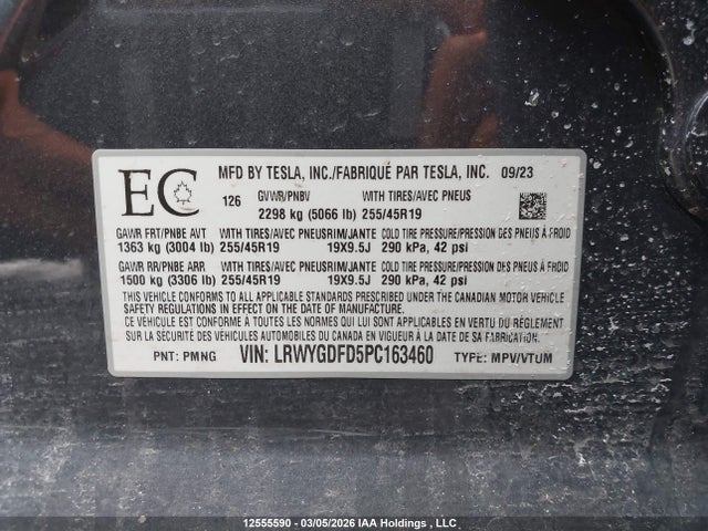 Aukcja sprzedaży 2023 Tesla Model Y, vin: LRWYGDFD5PC163460, numer aukcji: 12555590