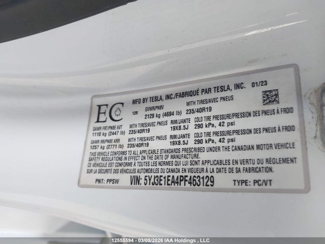 Продаж на аукціоні авто 2023 Tesla Model 3 Rwd, vin: 5YJ3E1EA4PF463129, номер лоту: 12555594