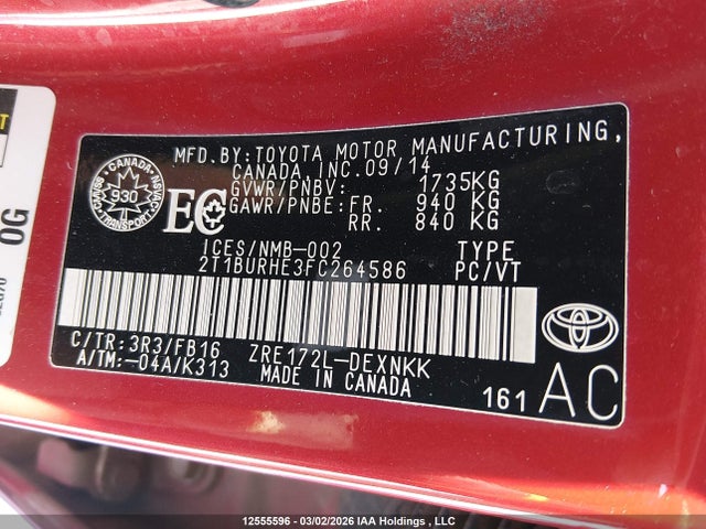 12555596 :رقم المزاد ، 2T1BURHE3FC264586 vin ، 2015 Toyota Corolla L/le/le Pls/prm/s/s Pls مزاد بيع