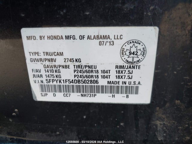 Aukcja sprzedaży 2013 Honda Ridgeline Rtl, vin: 5FPYK1F54DB502806, numer aukcji: 12555600