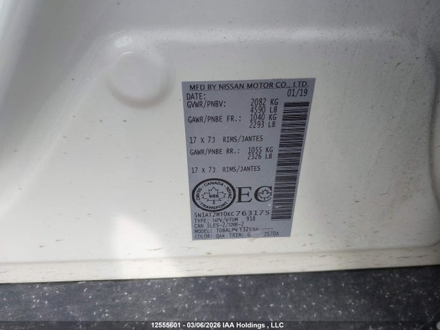 Продаж на аукціоні авто 2019 Nissan Rogue S/sl/sv, vin: 5N1AT2MT0KC763175, номер лоту: 12555601