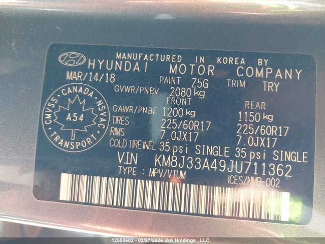 KM8J33A49JU711362 Hyundai Tucson Limited/sport And Eco/se