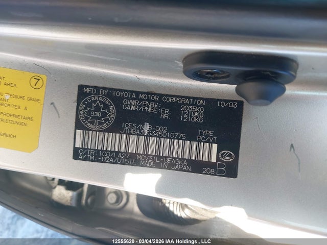 12555620 :رقم المزاد ، JTHBA30G345010775 vin ، 2004 Lexus Es 330 مزاد بيع