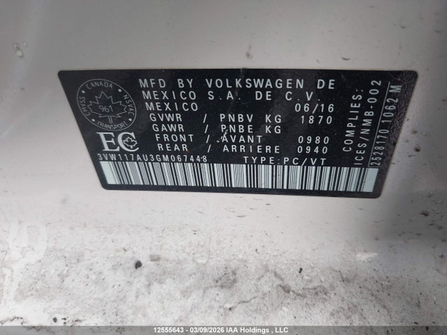12555643 :رقم المزاد ، 3VW117AU3GM067448 vin ، 2016 Volkswagen Golf 1.8 Tsi Comfortline/1.8 Tsi Highline/1.8 Tsi Trendline مزاد بيع