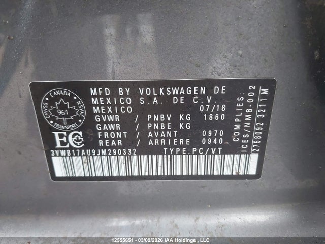 3VWB17AU9JM290332 Volkswagen GOLF S/SE