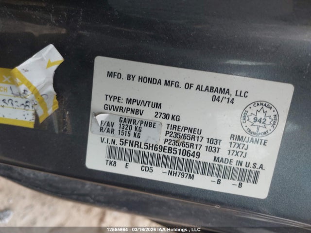 Продажа на аукционе авто 2014 Honda Odyssey Exl, vin: 5FNRL5H69EB510649, номер лота: 12555664