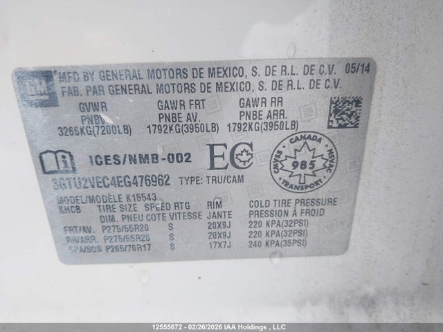 Aukcja sprzedaży 2014 Gmc Sierra 1500 Slt, vin: 3GTU2VEC4EG476962, numer aukcji: 12555672