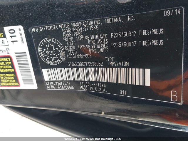 Aukcja sprzedaży 2015 Toyota Sienna Le V6, vin: 5TDKK3DC7FS528052, numer aukcji: 12555674
