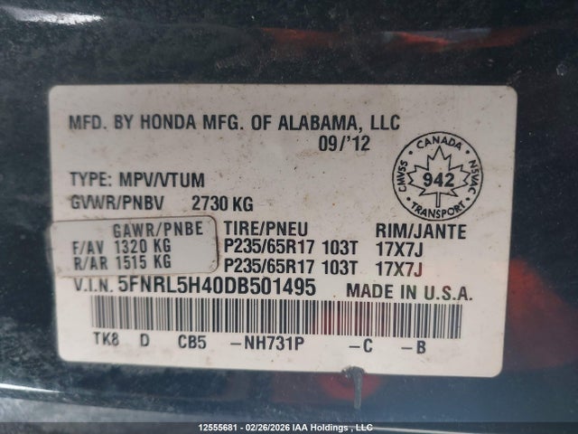 Aukcja sprzedaży 2013 Honda Odyssey Ex, vin: 5FNRL5H40DB501495, numer aukcji: 12555681