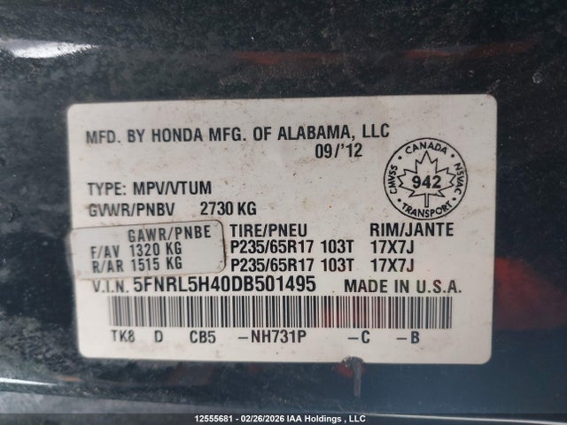 Aukcja sprzedaży 2013 Honda Odyssey Ex, vin: 5FNRL5H40DB501495, numer aukcji: 12555681
